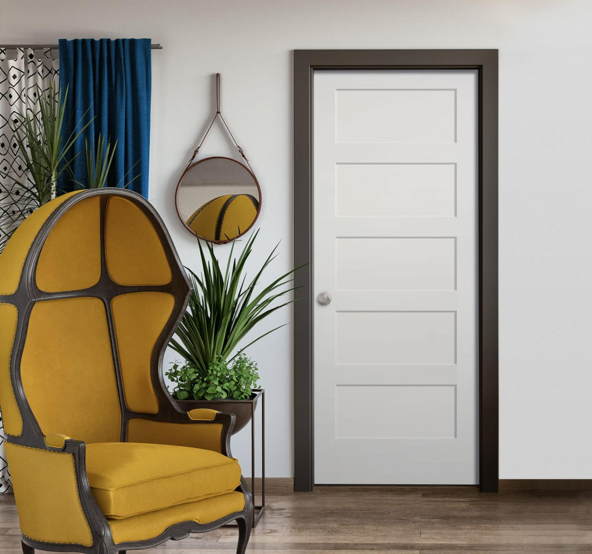 Masonite - Riverside - White Wood Door in Living Room with Yellow Chair